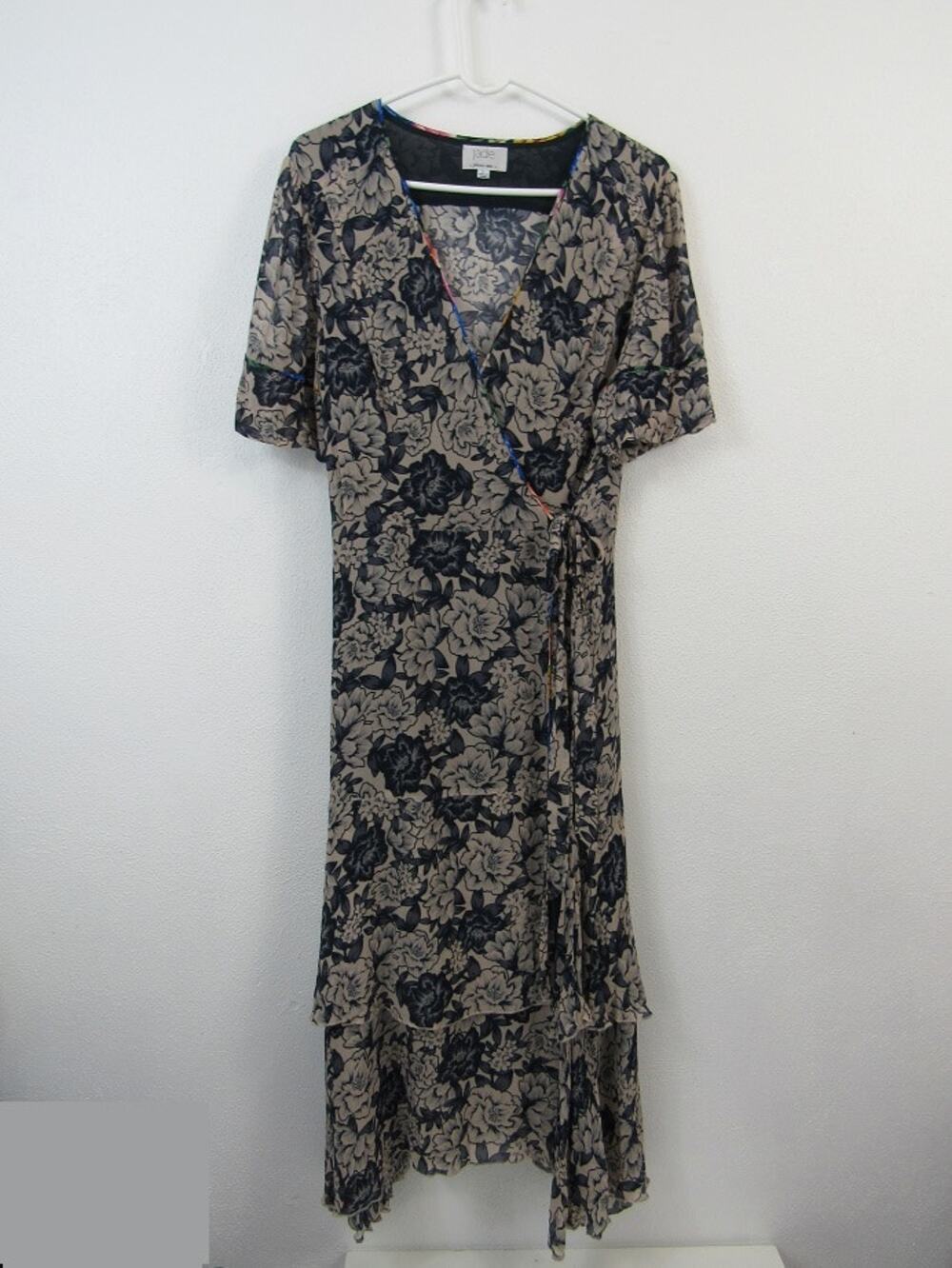 Johnny Was Micha Mixed True Wrap Dress Jade Large Navy Cream Floral Print Midi